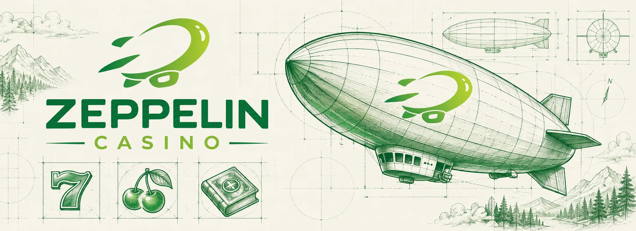 Zeppelin Casino als technische Blaupause: Luftschiff auf Elfenbein-Papier mit grüner Tinte und aufgesteckten Slot-Symbolen